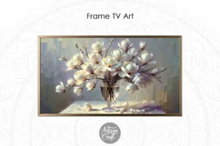 The Frame TV art shows impressionist style oil painting of a bouquet of white magnolia flowers arranged in a clear glass vase.