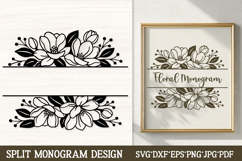 Magnolia floral split monogram SVG with elegant flowers and leaves forming a frame around a blank bar for custom text, shown as framed wall art for Cricut, Silhouette, and laser engraving name sign projects.
