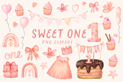 Pink First Birthday Set. Sweet One Watercolor Clipart Product Image 1