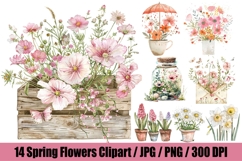 14 Watercolor Spring Flowers Clipart, Vintage Botanical Product Image 1