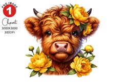 Highland cow with Peony Florals Spring Clipart Sublimation Product Image 1