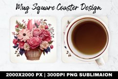 Floral Basket Valentine Mug coaster | Coaster Sublimation Product Image 1