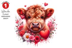 Valentines Day Highland Cow Clipart | Watercolor Sublimation Product Image 1