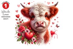 Valentines Day Highland Cow Clipart | Watercolor Sublimation Product Image 1