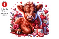 Valentines Day Highland Cow Clipart | Watercolor Sublimation Product Image 1