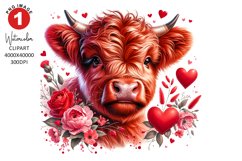Valentines Day Highland Cow Clipart | Watercolor Sublimation Product Image 1