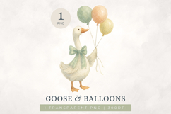 Watercolour Goose and Balloons Clipart PNG Gender Neutral Product Image 1