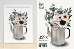 Flower bouquet with sunflower, daisies in teapot.Sublimation Product Image 1