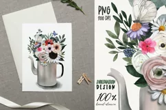 Flower bouquet with sunflower, butterfly, daisies in teapot Product Image 1