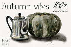 Hand-drawn illustration of teapot and dark green pumpkin Product Image 1