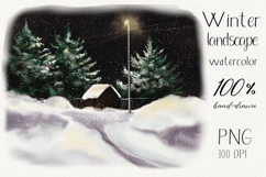 Watercolor winter snowy landscape with lantern trees and hou Product Image 1