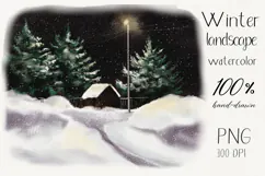 Watercolor winter snowy landscape with lantern trees and hou Product Image 1
