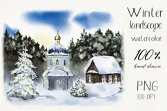 Watercolor winter landscape with church and snow Product Image 1