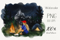 Night Camping Watercolor Illustration. Girl by the Fire. Product Image 1