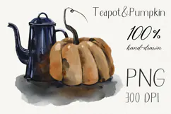 Hand-drawn illustration of teapot and pumpkin Product Image 1