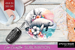 Manatee Floral Car Coaster Tropical Coaster PNG Sublimation Product Image 1