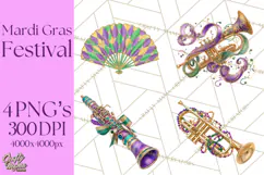 Mardi Gras Street Parade Clipart with Masks Feathers PNG Product Image 1