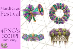 Mardi Gras Street Parade Clipart with Masks Feathers PNG Product Image 1