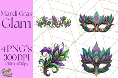 Mardi Gras Masquerade Clipart With Masks and Feathers PNG Product Image 1
