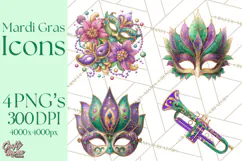 Mardi Gras Clipart PNG Party Icons Masks Beads Fleur De Lis Product Image 1