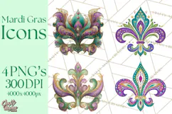 Mardi Gras Clipart PNG Party Icons Masks Beads Fleur De Lis Product Image 1