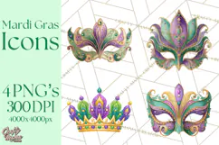 Mardi Gras Clipart PNG Party Icons Masks Beads Fleur De Lis Product Image 1