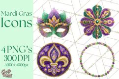 Mardi Gras Clipart PNG Party Icons Masks Beads Fleur De Lis Product Image 1