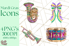 Mardi Gras Clipart PNG Party Icons Masks Beads Fleur De Lis Product Image 1