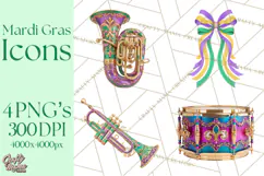Mardi Gras Clipart PNG Party Icons Masks Beads Fleur De Lis Product Image 1