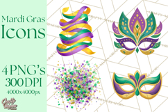 Mardi Gras Clipart PNG Party Icons Masks Beads Fleur De Lis Product Image 1
