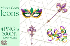 Mardi Gras Clipart PNG Party Icons Masks Beads Fleur De Lis Product Image 1