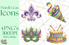 Mardi Gras Clipart PNG Party Icons Masks Beads Fleur De Lis Product Image 1