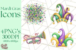 Mardi Gras Clipart PNG Party Icons Masks Beads Fleur De Lis Product Image 1