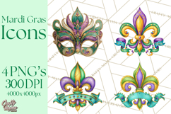 Mardi Gras Clipart PNG Party Icons Masks Beads Fleur De Lis Product Image 1
