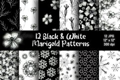 12 Black and White Flower Digital Paper. Monochrome Marigold Product Image 1