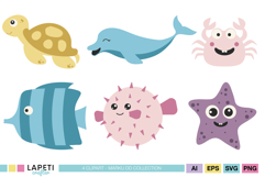 Ocean animal digital graphics with soft colors and playful expressions