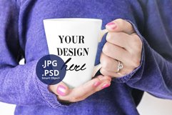 Latte Mug mockup, Woman holding coffee mug Stock Photo 702 Product Image 1