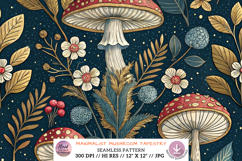 maximalist mushroom tapestry, ornate lavish design, intricate jewel tones, jewel rich paper, luxury digital artwork, turkish motif pattern, paisley inspired print, emerald sapphire decor, ruby gold mushroom, bohemian luxury design, maximalist ornate patte