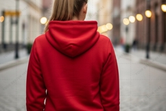 Vibrant red hoodie in urban setting T-shirt Mockup Design Product Image 1
