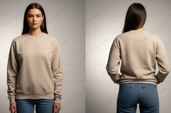 Women's beige crew neck sweatshirt T-shirt Mockup Design Product Image 1