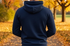 Navy blue hoodie in autumn setting T-shirt Mockup Design Product Image 1