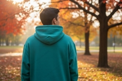 Teal hoodie in autumn park T-shirt Mockup Design Product Image 1
