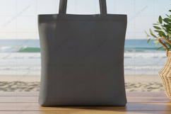 Black tote bag mockup on beach Product Image 1