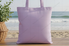 Purple tote bag mockup by the beach Product Image 1