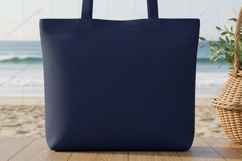 Navy blue tote bag mockup by the beach Product Image 1