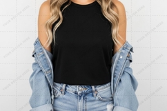 Black cold shoulder t-shirt with denim T-shirt Mockup Design Product Image 1
