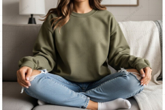 Casual olive green sweatshirt with distressed jeans mockup Product Image 1