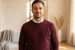 Men's maroon crew neck sweater over collared mockup Product Image 1