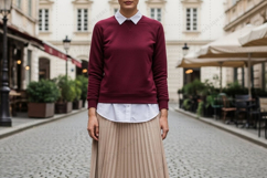 Women's burgundy collared sweatshirt with white shirt mockup Product Image 1