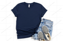 Navy blue t-shirt with denim shorts and checkered vans mocku Product Image 1